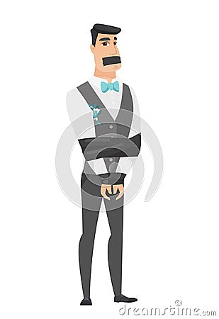 Young caucasian groom tied up with rope. Vector Illustration