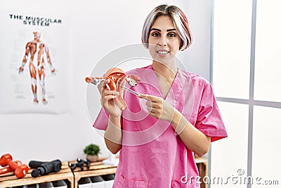 Young caucasian gynecologist woman holding fallopian tube anatomical model standing at the clinic Stock Photo