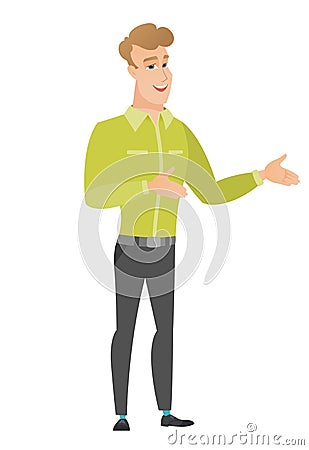 Young caucasian happy businessman gesturing. Vector Illustration