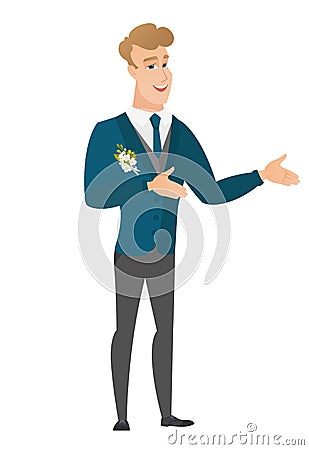 Young caucasian happy groom gesturing. Vector Illustration