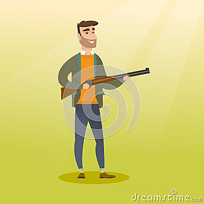 Young caucasian hunter holding a hunting rifle. Vector Illustration