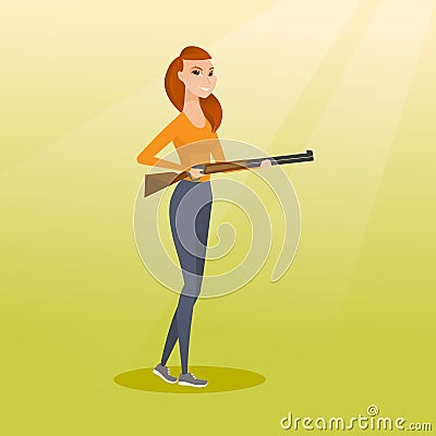 Young caucasian hunter holding a hunting rifle. Vector Illustration