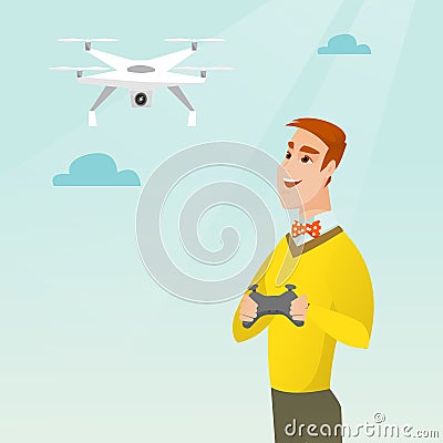 Young caucasian man flying drone. Vector Illustration