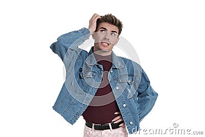 Young caucasian man forgot something important, isolated. Stock Photo