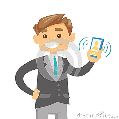 Young caucasian man holding ringing mobile phone. Vector Illustration