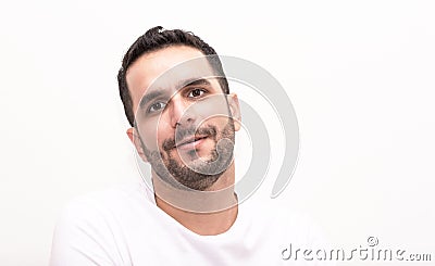 Young caucasian seems serious on camera Stock Photo