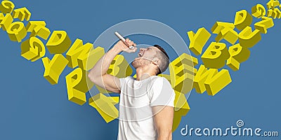 Man shouting with speaker, microphone on studio background. Sales, offer, business, cheering fun concept. Stock Photo