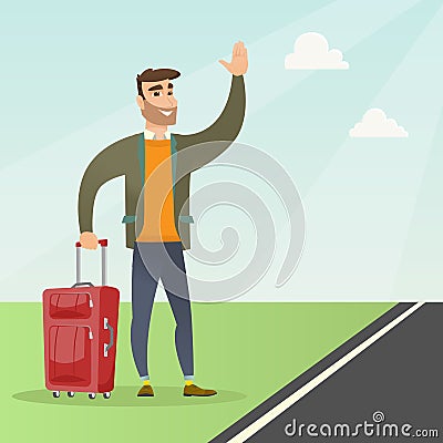 Young caucasian man with suitcase hitchhiking. Vector Illustration