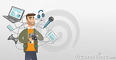 Young caucasian man surrounded by her gadgets. Vector Illustration