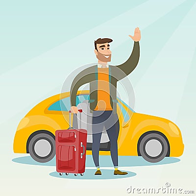 Young caucasian man waving in front of car. Vector Illustration