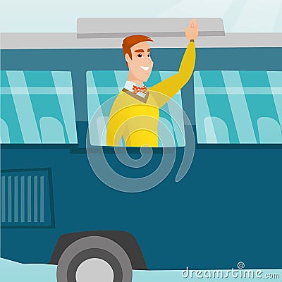 Young caucasian man waving hand from bus window. Vector Illustration