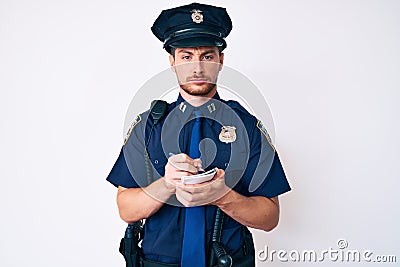 Young caucasian man wearing police uniform writing fine skeptic and nervous, frowning upset because of problem Stock Photo