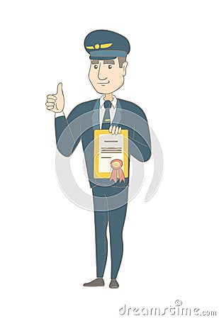 Young caucasian pilot holding a certificate. Vector Illustration