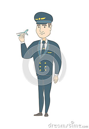 Young caucasian pilot with the model of airplane. Vector Illustration