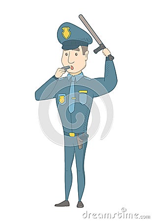 Young caucasian police officer whistling. Vector Illustration