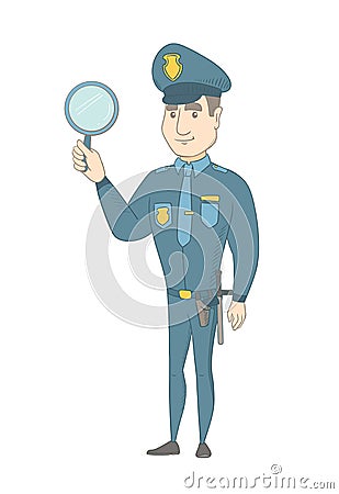 Young caucasian policeman holding a hand mirror. Vector Illustration