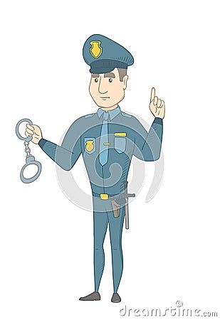 Young caucasian policeman holding handcuffs. Vector Illustration