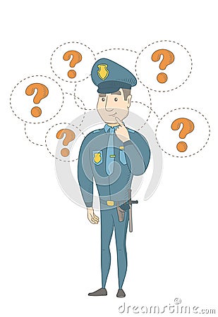 Young caucasian policeman thinking. Vector Illustration