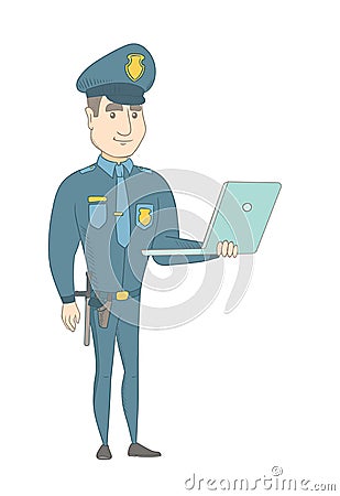 Young caucasian policeman using a laptop. Vector Illustration