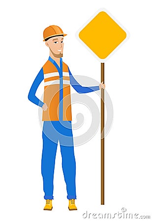 Young caucasian road worker showing road sign. Vector Illustration