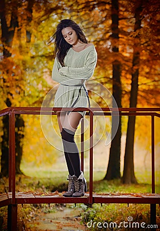 Young Caucasian sensual woman in a romantic autumn scenery. Fall lady .Fashion portrait of a beautiful young woman in forest Stock Photo