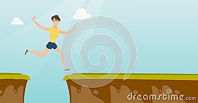 Young caucasian sportswoman jumping over the cliff Vector Illustration