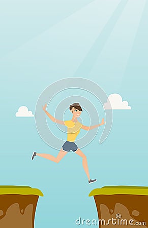 Young caucasian sportswoman jumping over the cliff Vector Illustration