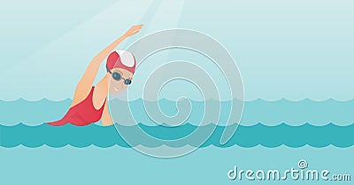 Young caucasian sportswoman swimming. Vector Illustration