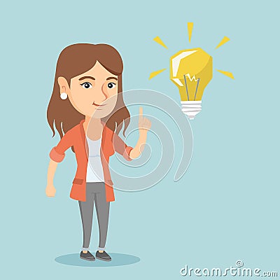 Young caucasian student pointing at idea lightbulb Vector Illustration