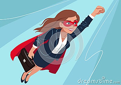 Young Caucasian superhero woman wearing business suit and cape, Vector Illustration