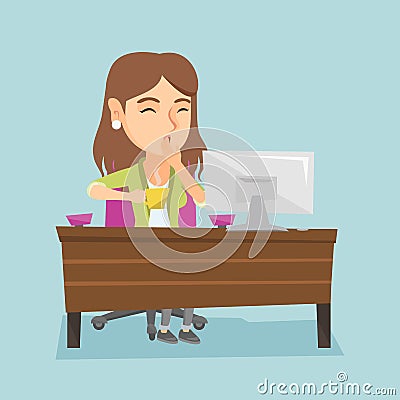 Young caucasian tired office worker yawning. Vector Illustration