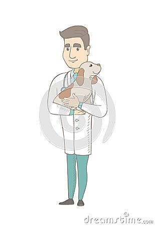 Young caucasian veterinarian with dog in hands. Vector Illustration