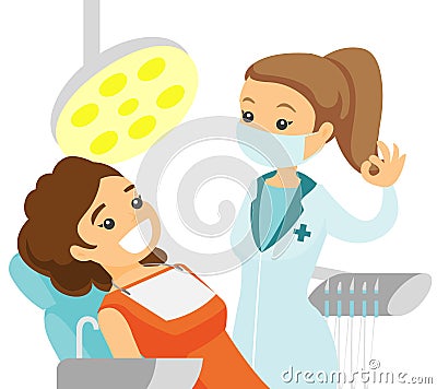 Dentist standing next to the chair with patient. Vector Illustration