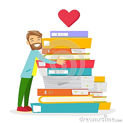 Young caucasian white student holding a book. Vector Illustration