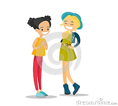 Young caucasian white girls talking and laughing. Vector Illustration