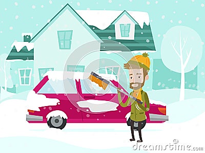 Young caucasian white man cleaning car from snow. Vector Illustration