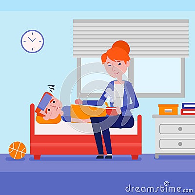 Young mother checking temperature of her sick son. Vector Illustration
