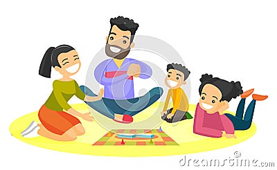 Young caucasian white family playing board game. Vector Illustration