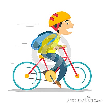 Young caucasian white boy riding a bicycle. Vector Illustration