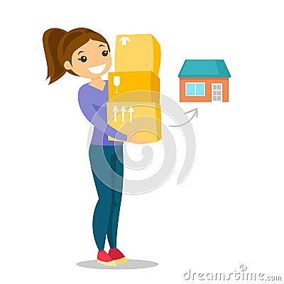 Young caucasian white woman moving to a new house. Vector Illustration