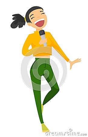 Young caucasian white woman singing karaoke. Vector Illustration