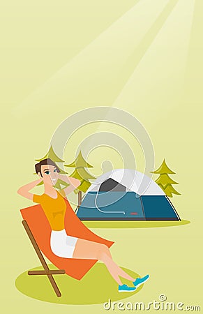 Woman sitting in a folding chair in the camping. Vector Illustration