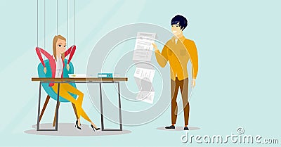Business woman marionette on ropes working. Vector Illustration
