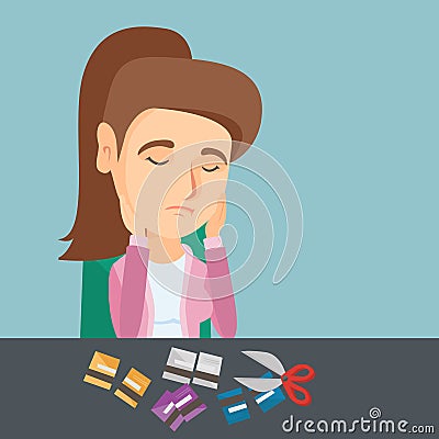 Young caucasian woman cutting credit cards. Vector Illustration