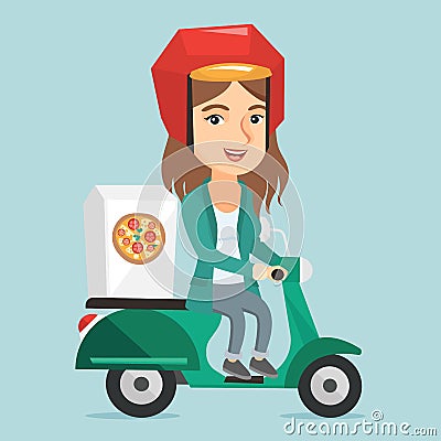 Caucasian woman delivering pizza on scooter. Vector Illustration