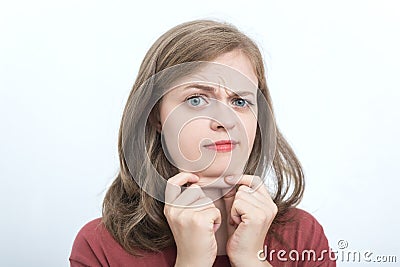 Young caucasian woman girl with double chin Stock Photo