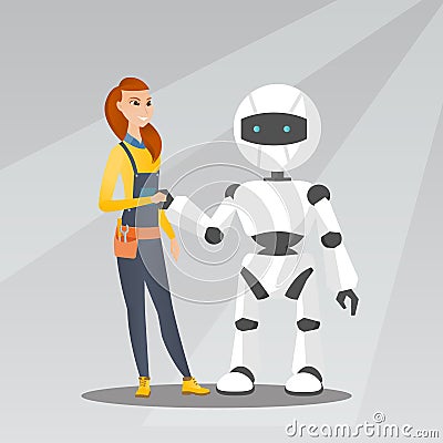 Young caucasian woman handshaking with robot. Vector Illustration