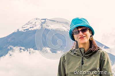 Young Caucasian Woman Hiking Chimborazo Volcano Stock Photo