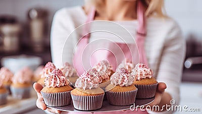 Young caucasian woman holding cupcakes in the kitchen. Cakes cupcakes and sweet dessert pink girly concept. holding her Stock Photo