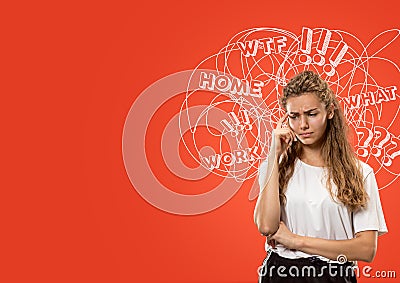 Young caucasian woman with mixed thoughts Stock Photo